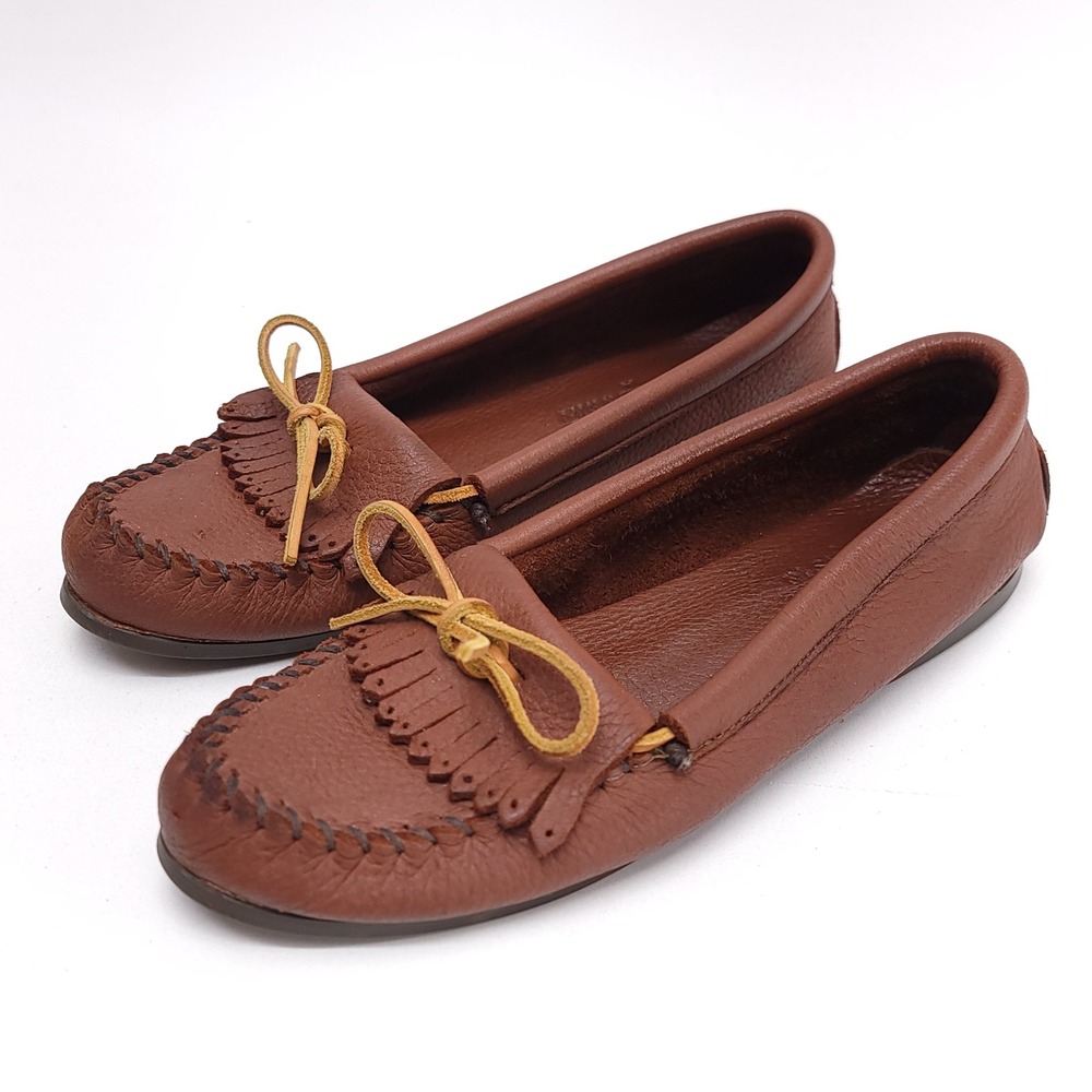 Minnetonka Kilty Brown Leather Moccasin Flats Womens 10 Narrow 38N 3631904